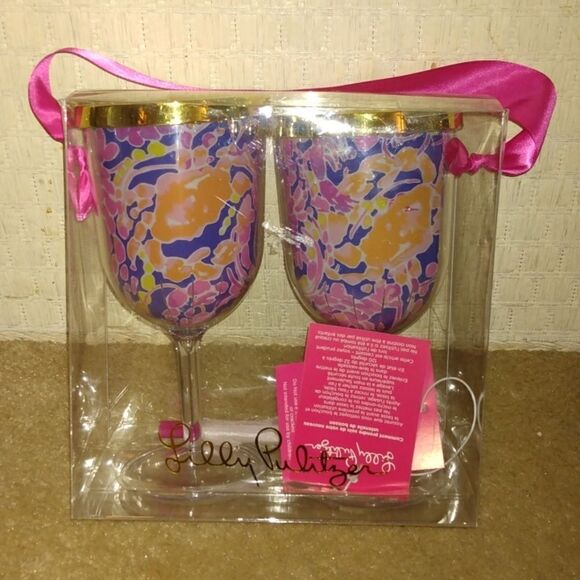 New Lilly Pulitzer Sip Stem Cups Brilliant Blue Pair - Picture 1 of 3